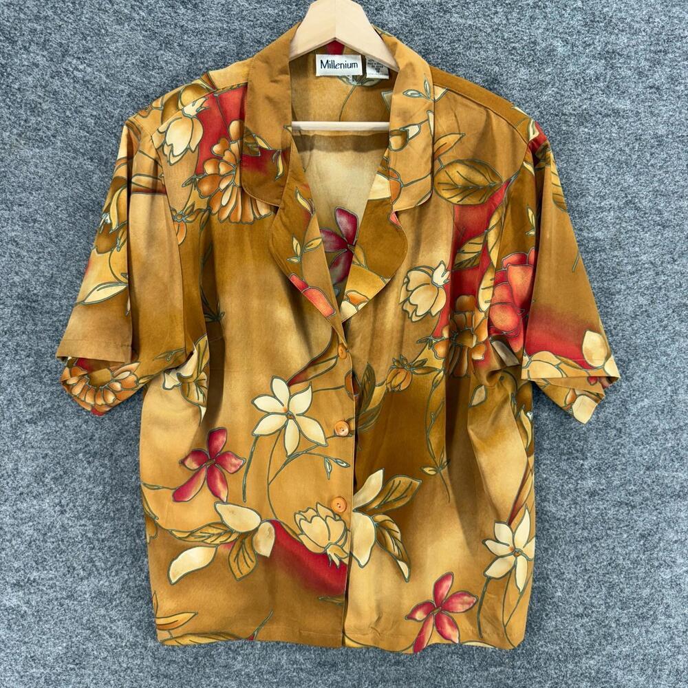 Millenium Blazer Women 18 Plus Brown Floral Button Up Collared Short Sleeve